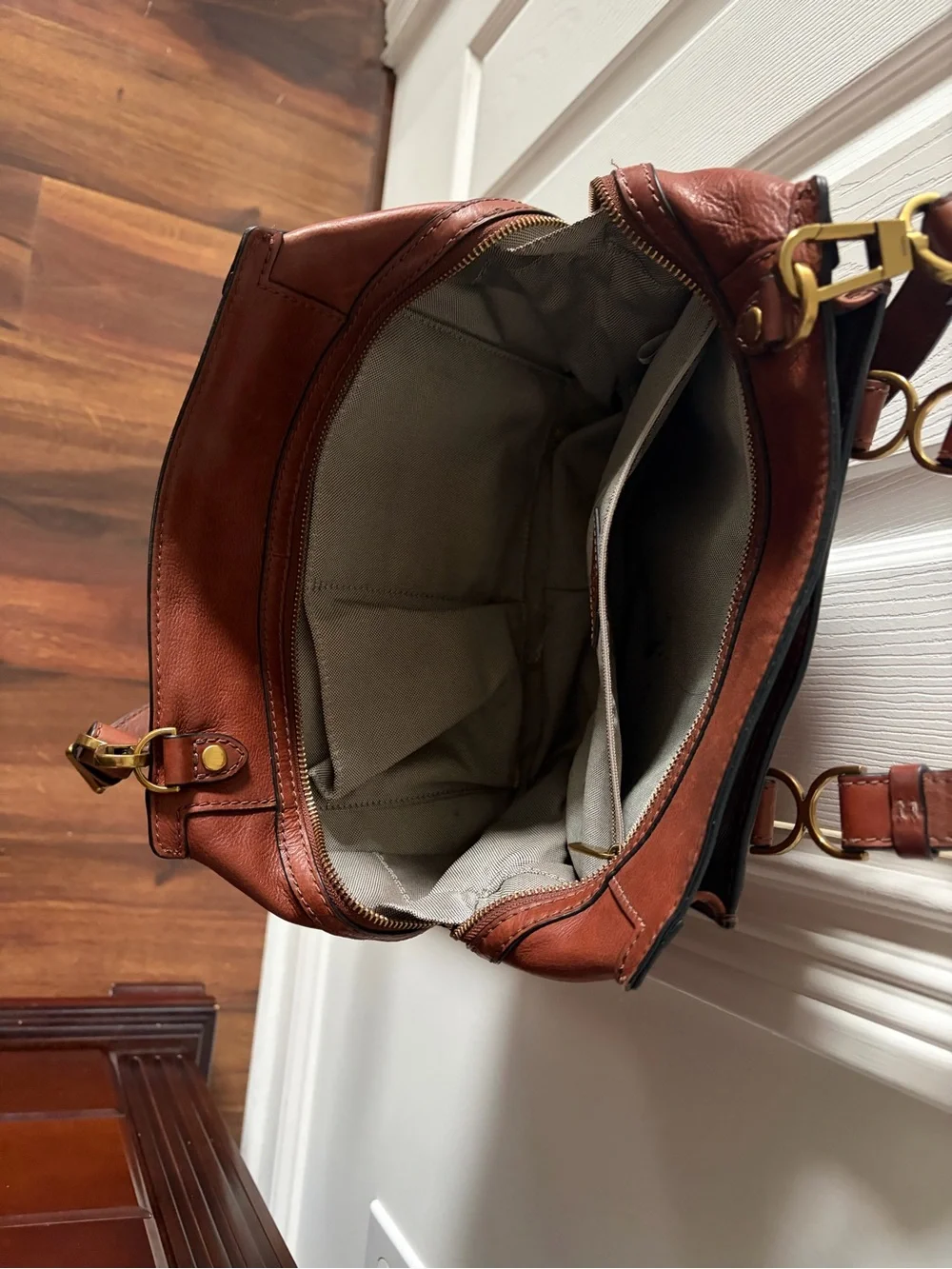 Fossil Chestnut Brown Leather Messenger Bag with Gold Hardware